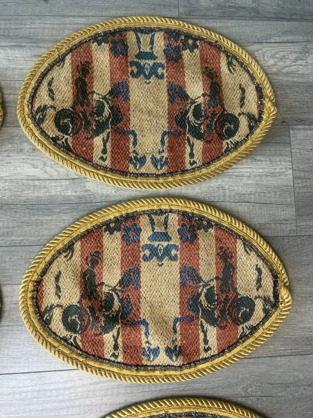 Set 6 Equestrian Horse Tapestry Oval Placemats Gold Cord English Country Vintage